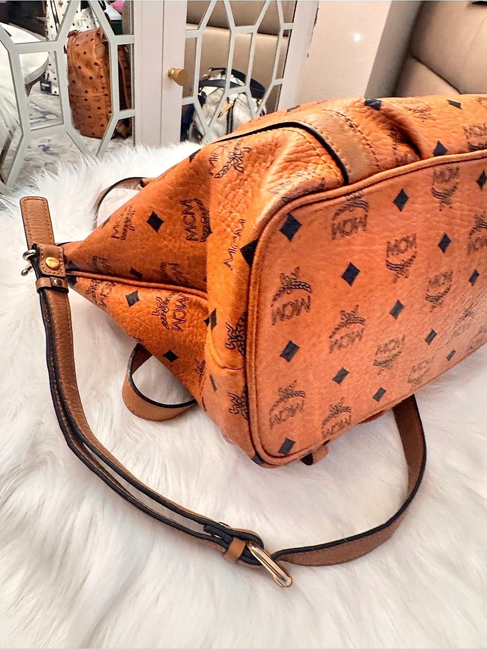 MCM Cognac Visetos Monogram Shopper Two-Way Tote Bag - Picture 10 of 14